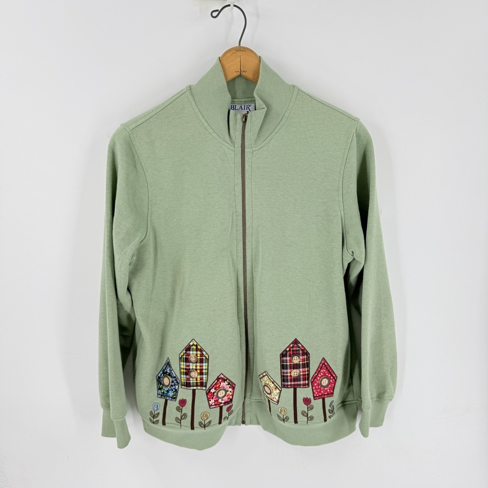 Vintage Blair Zip Up Sweatshirt Green Large Birdhouse Patchwork Embroidered